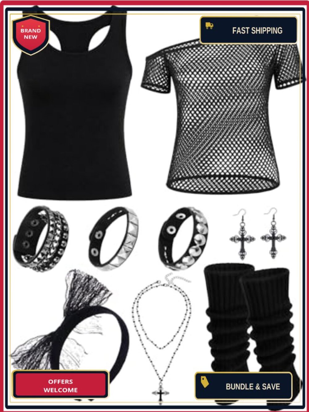 80s Costume Set Fishnet Off Shoulder Top Punk Accessories